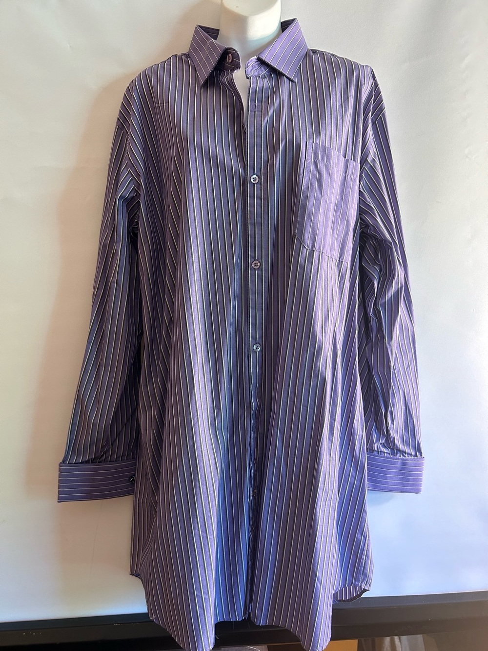 STACY ADAMS COTTON BLEND PURPLE/BLACK/WHITE STRIPED OVERSIZED SHIRT/DRESS 17.5
